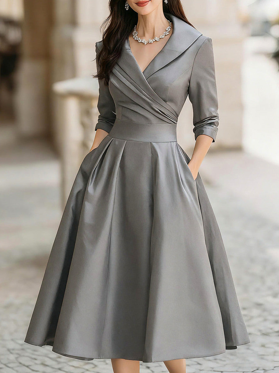 Satin Shawl Collar Midi Dress in Gray