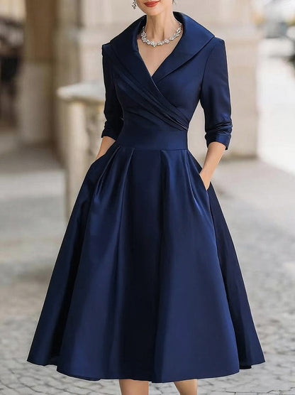 Satin Shawl Collar Midi Dress in Navy Blue
