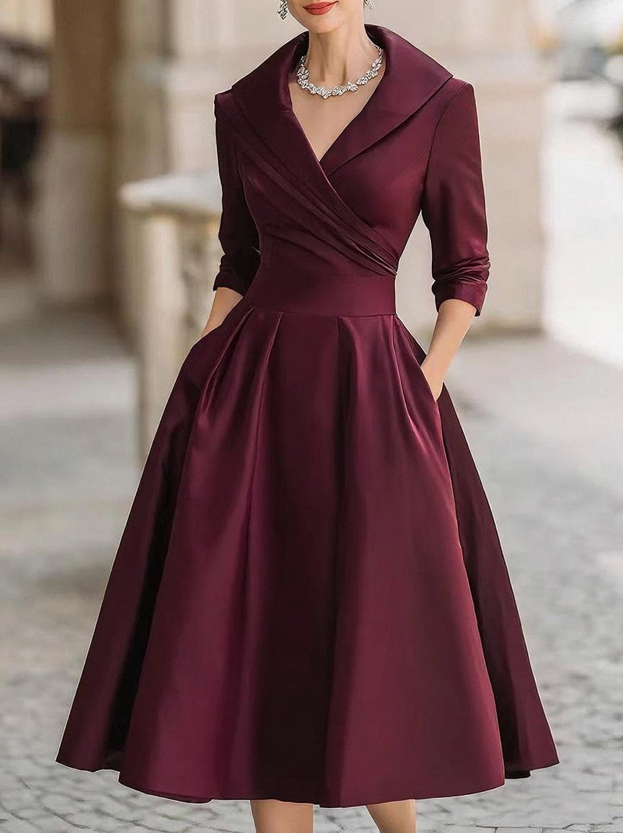 Satin Shawl Collar Midi Dress in Wine
