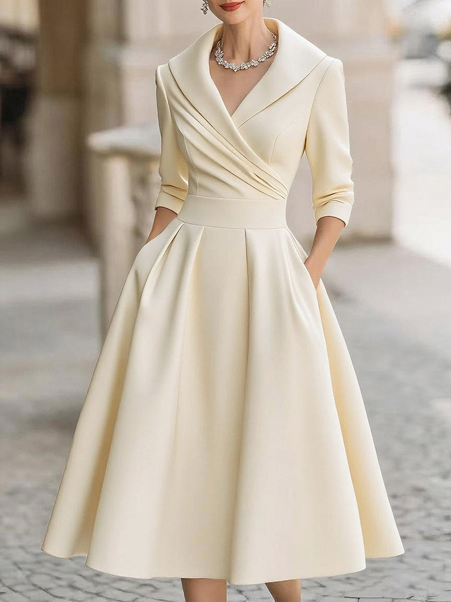 Satin Shawl Collar Midi Dress in Beige