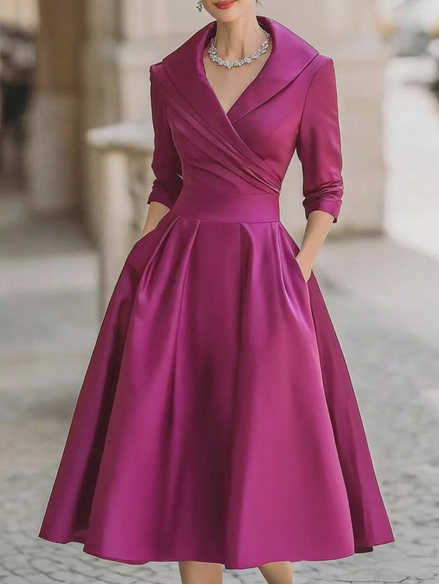 Satin Shawl Collar Midi Dress in Fuchsia