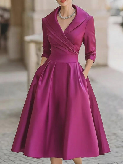 Satin Shawl Collar Midi Dress in Fuchsia