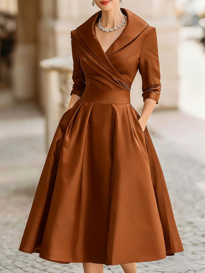 Satin Shawl Collar Midi Dress in Orange