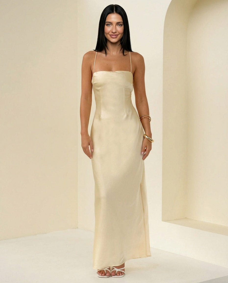 Satin Square Neck Maxi Slip Dress in Yellow
