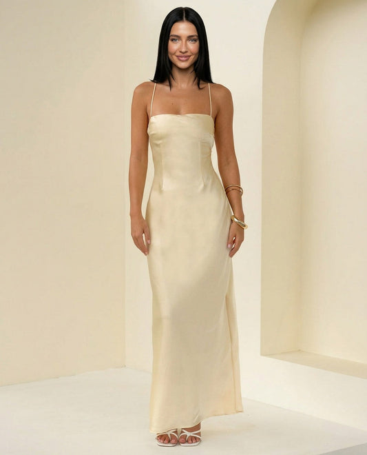Satin Square Neck Maxi Slip Dress in Yellow