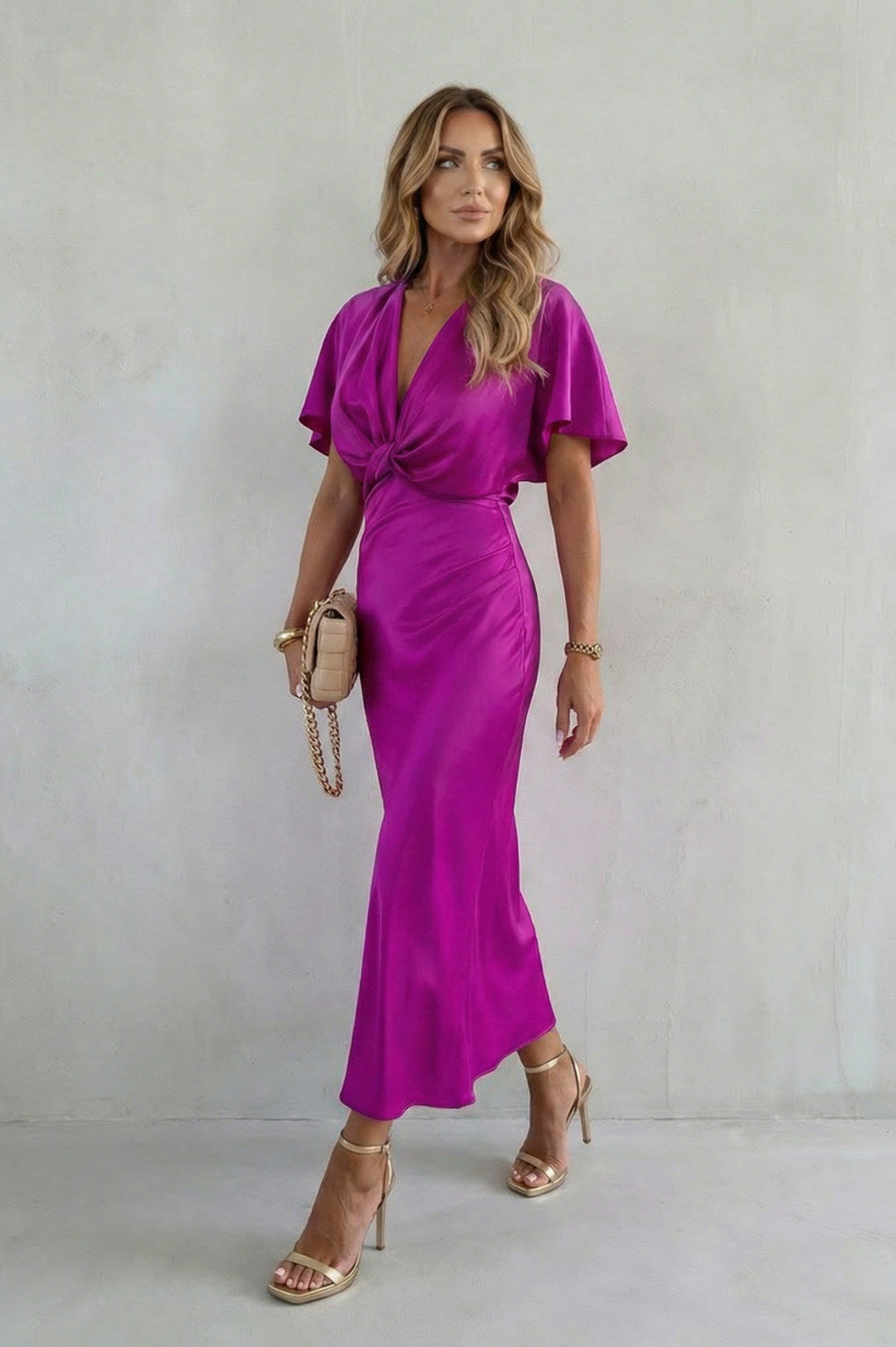 Satin Twist Front Midi Dress