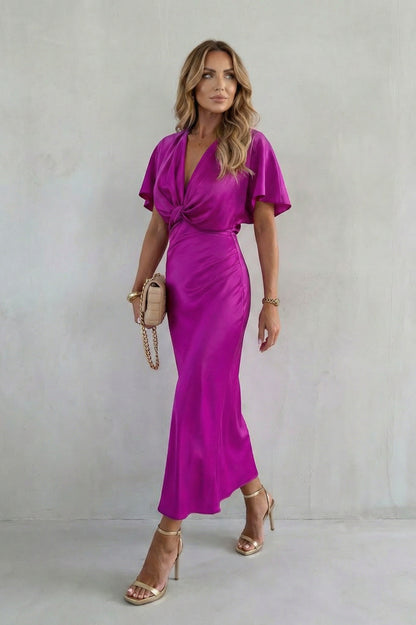 Satin Twist Front Midi Dress