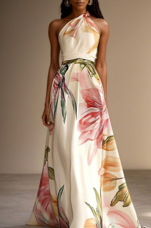 Satin Watercolor Floral Halter Maxi Dress in Pink