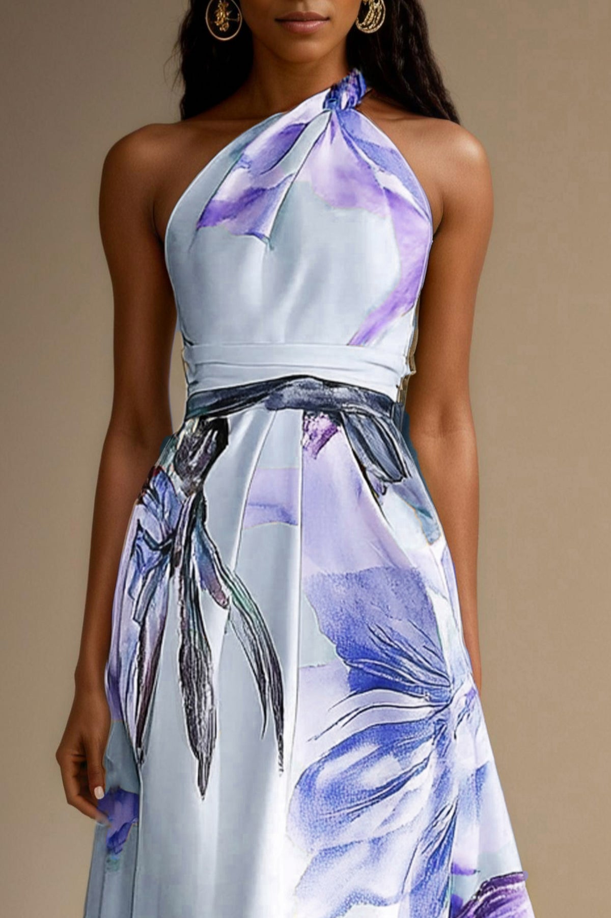 Satin Watercolor Floral Halter Maxi Dress