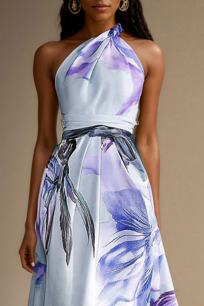Satin Watercolor Floral Halter Maxi Dress
