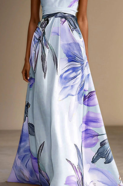 Satin Watercolor Floral Halter Maxi Dress