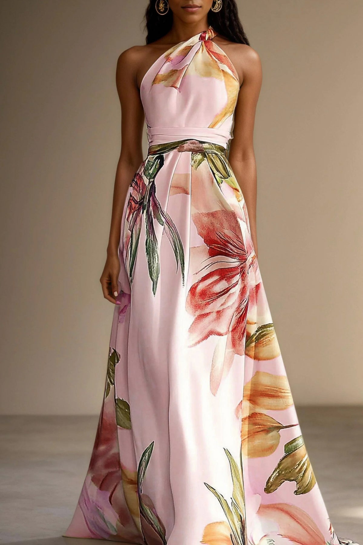 Satin Watercolor Floral Halter Maxi Dress in Lavender