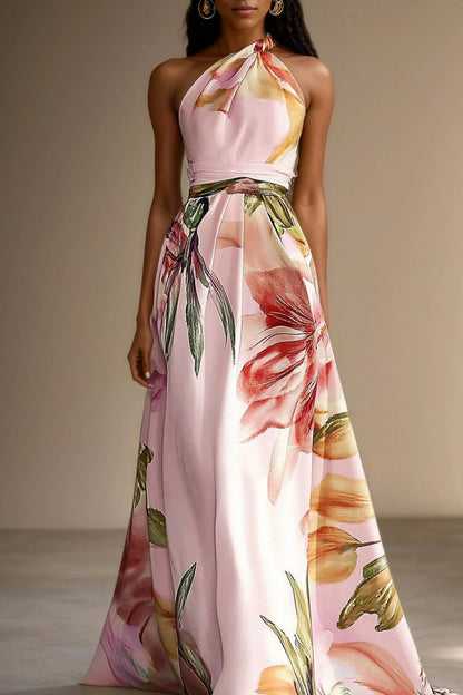 Satin Watercolor Floral Halter Maxi Dress in Lavender
