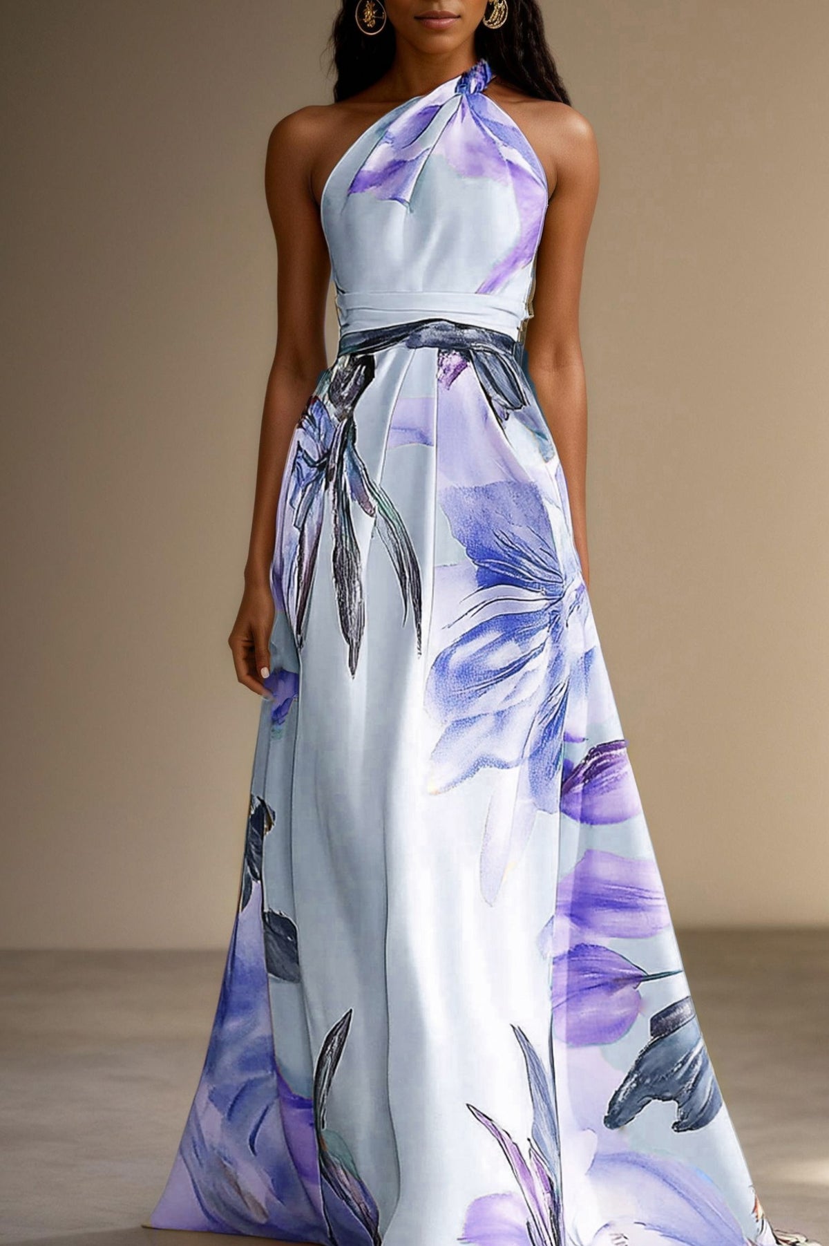 Satin Watercolor Floral Halter Maxi Dress in Light Blue