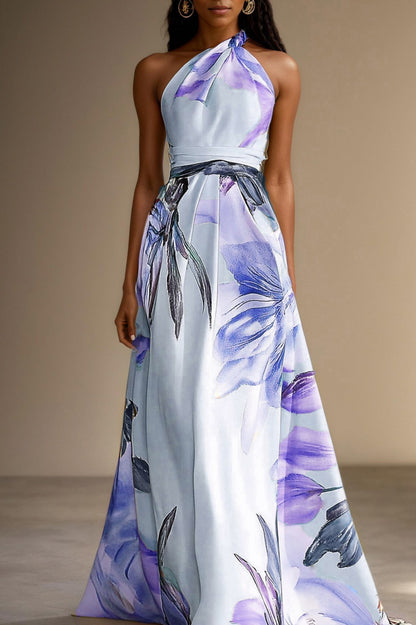 Satin Watercolor Floral Halter Maxi Dress in Light Blue