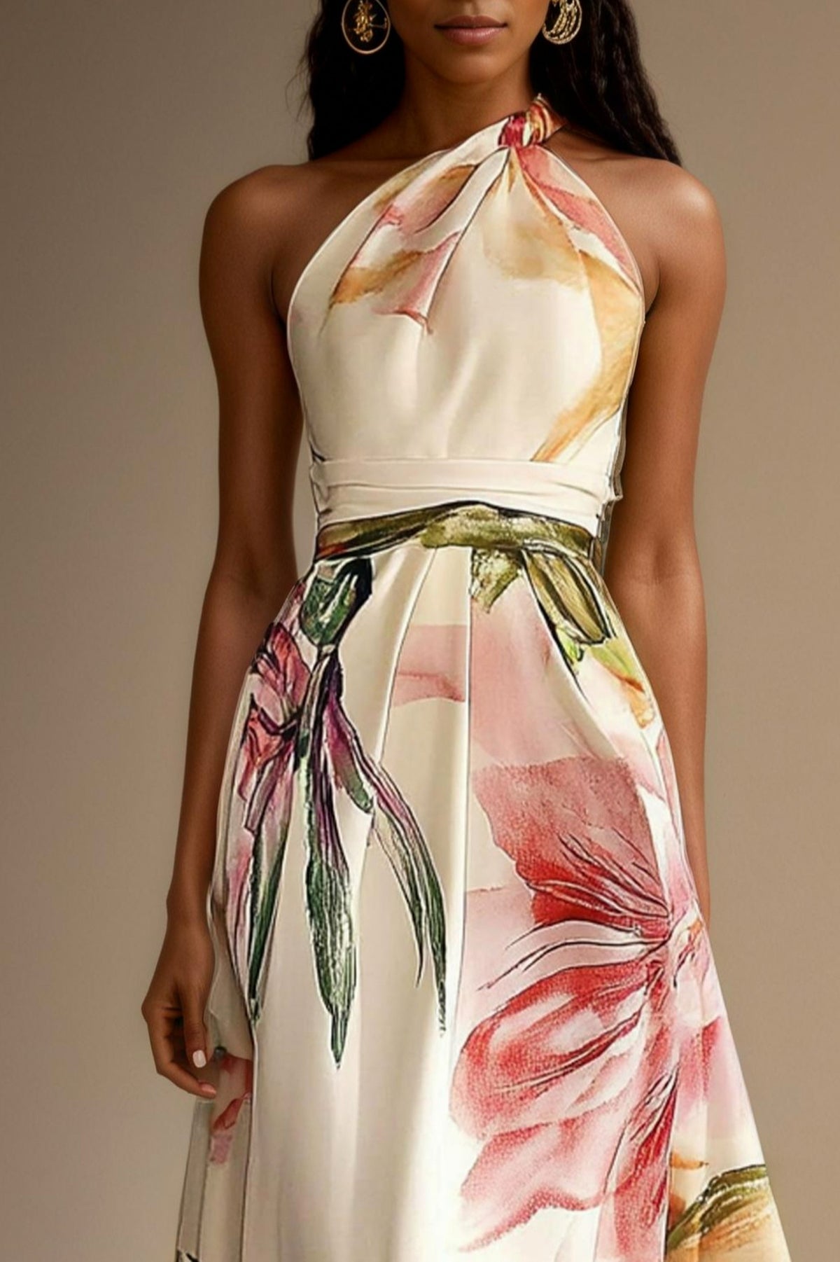 Satin Watercolor Floral Halter Maxi Dress