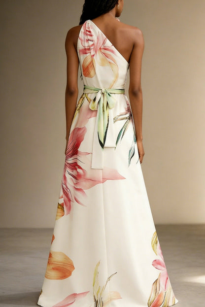 Satin Watercolor Floral Halter Maxi Dress