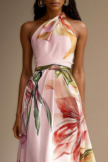 Satin Watercolor Floral Halter Maxi Dress