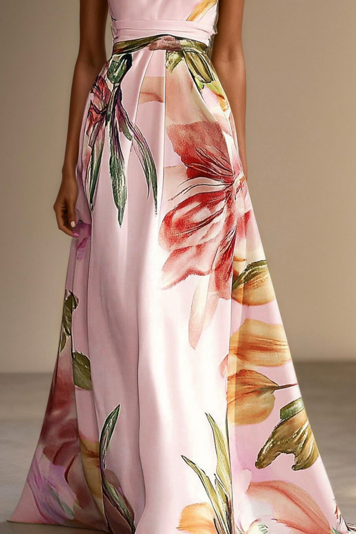 Satin Watercolor Floral Halter Maxi Dress