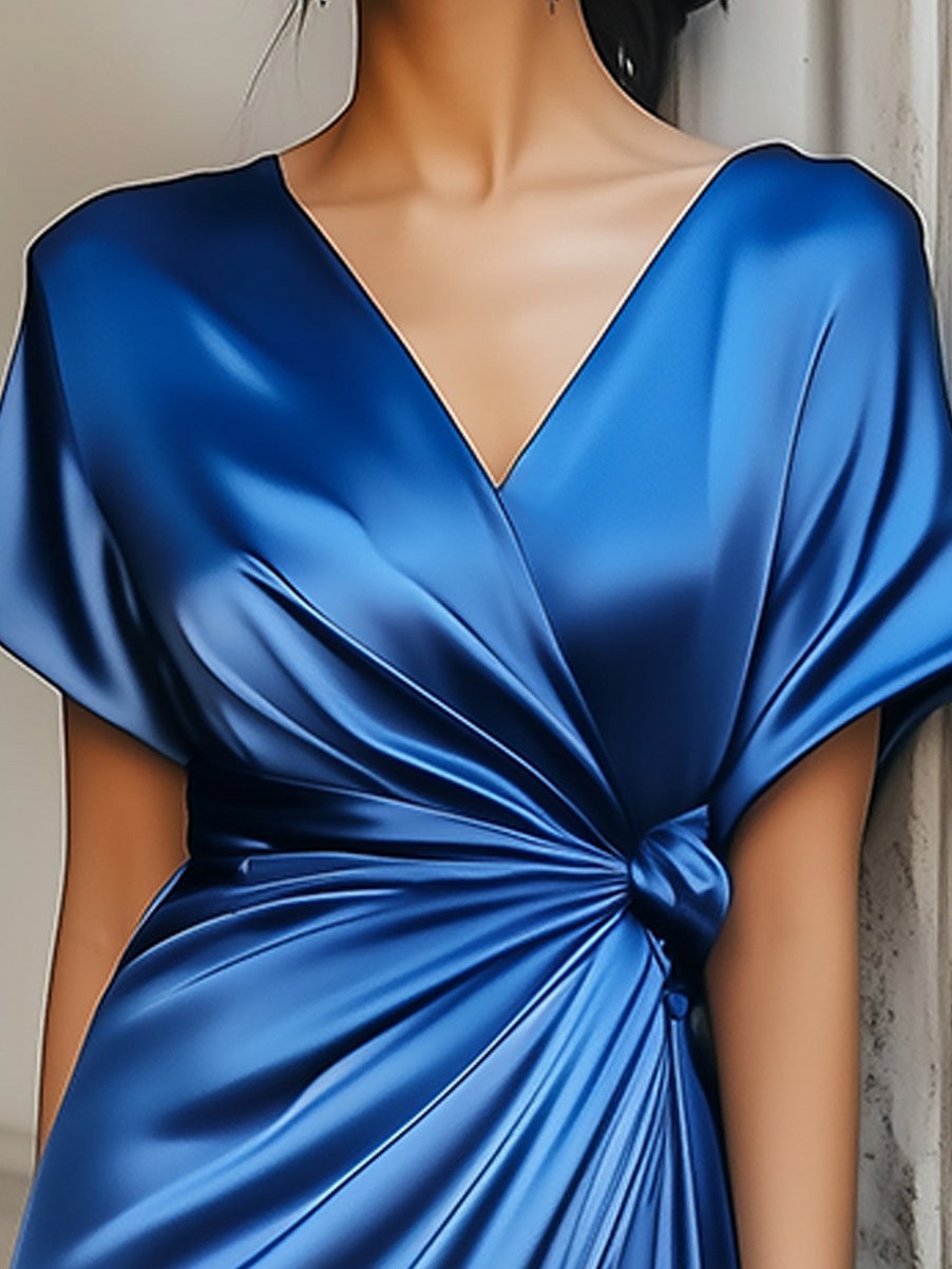 Satin Wrap Knot Midi Dress