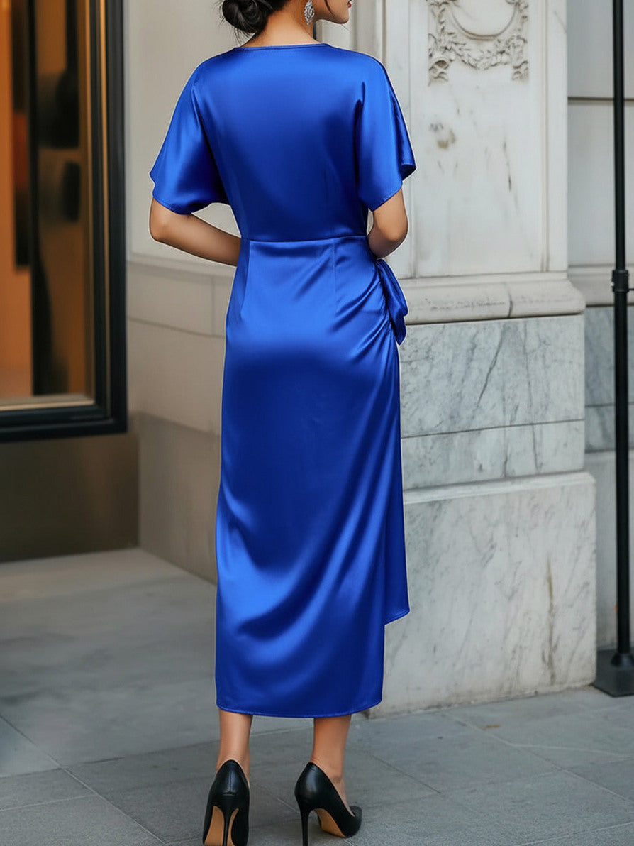 Satin Wrap Knot Midi Dress