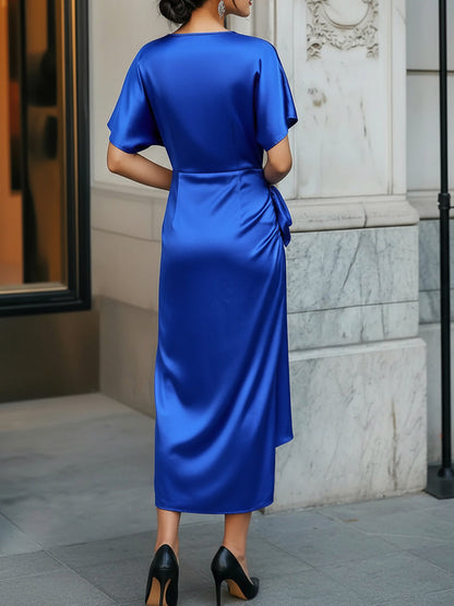 Satin Wrap Knot Midi Dress