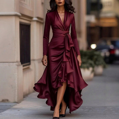 Satin Wrap Ruffle Maxi Dress in Wine Red