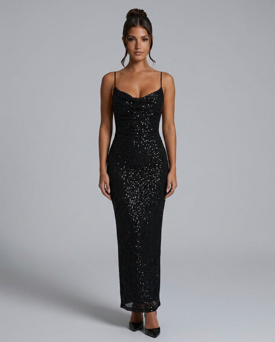 Sequin Open Back Maxi Dress in Black