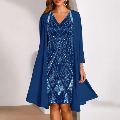 Sequin Print Dress and Chiffon Jacket Set in Royal Blue