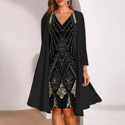 Sequin Print Dress and Chiffon Jacket Set in Black