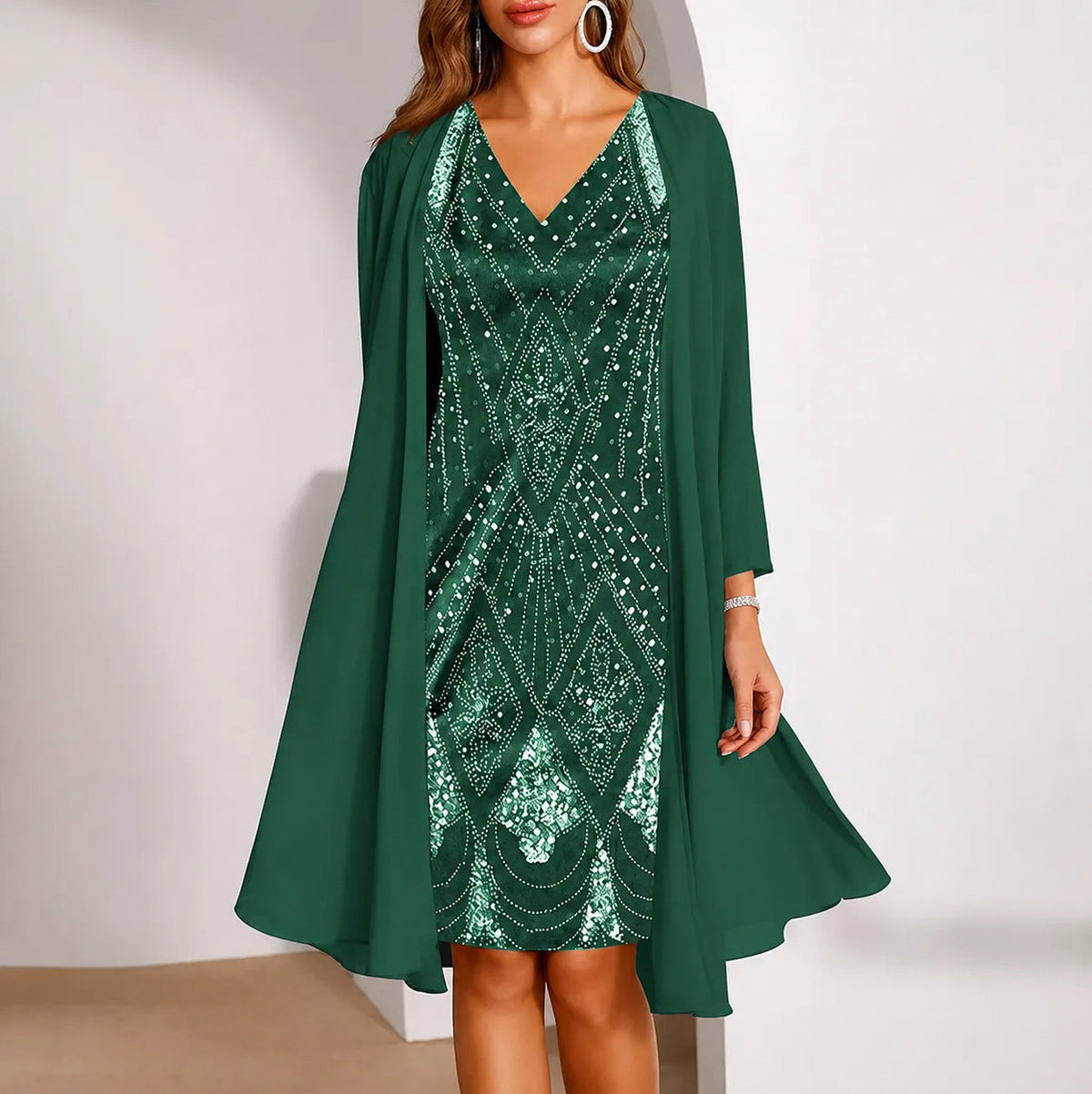Sequin Print Dress and Chiffon Jacket Set in Green