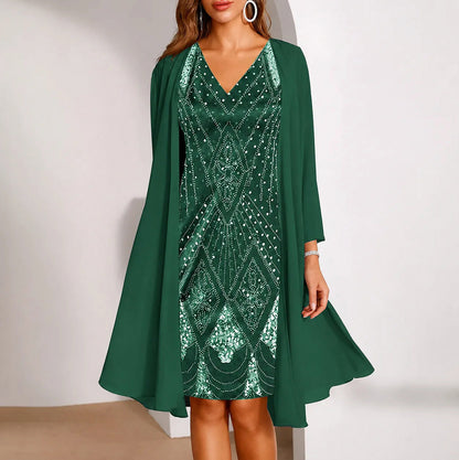 Sequin Print Dress and Chiffon Jacket Set in Green