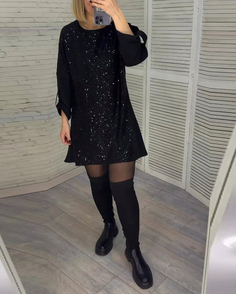Sequin Long Sleeve Mini Dress in Black