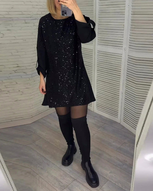 Sequin Long Sleeve Mini Dress in Black