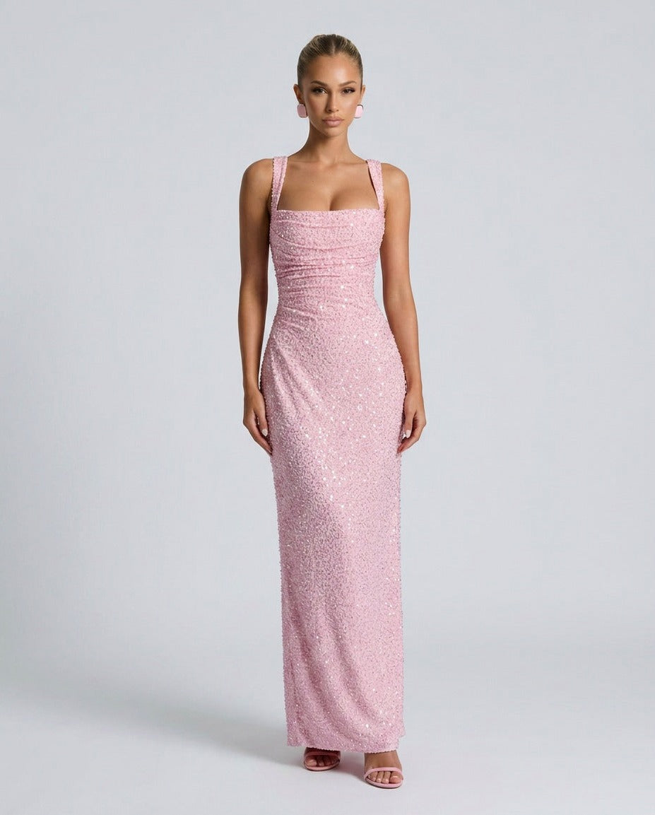 Sequin Square Neck Maxi Dress in Pink