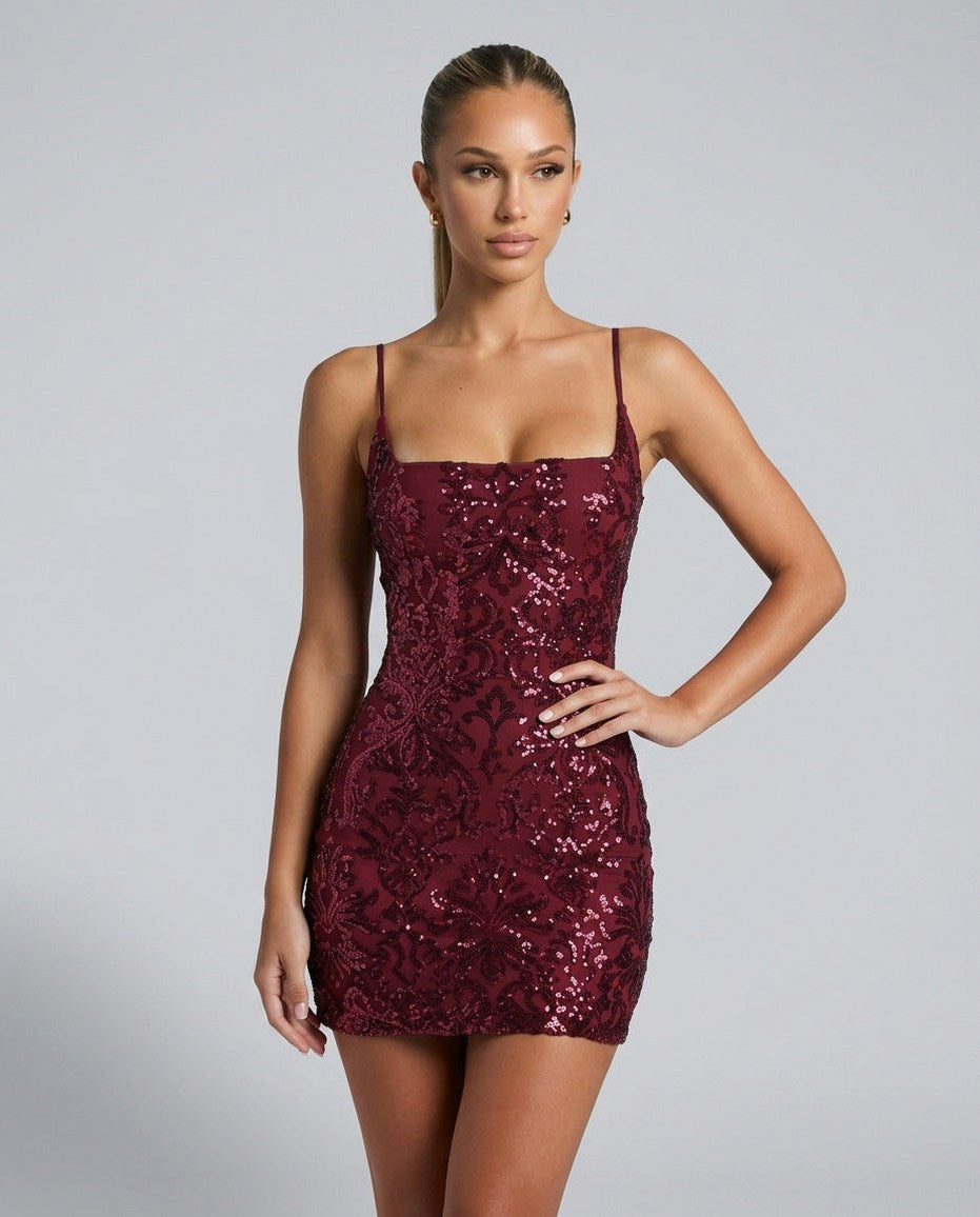 Sequin Square Neck Mini Dress in Burgundy