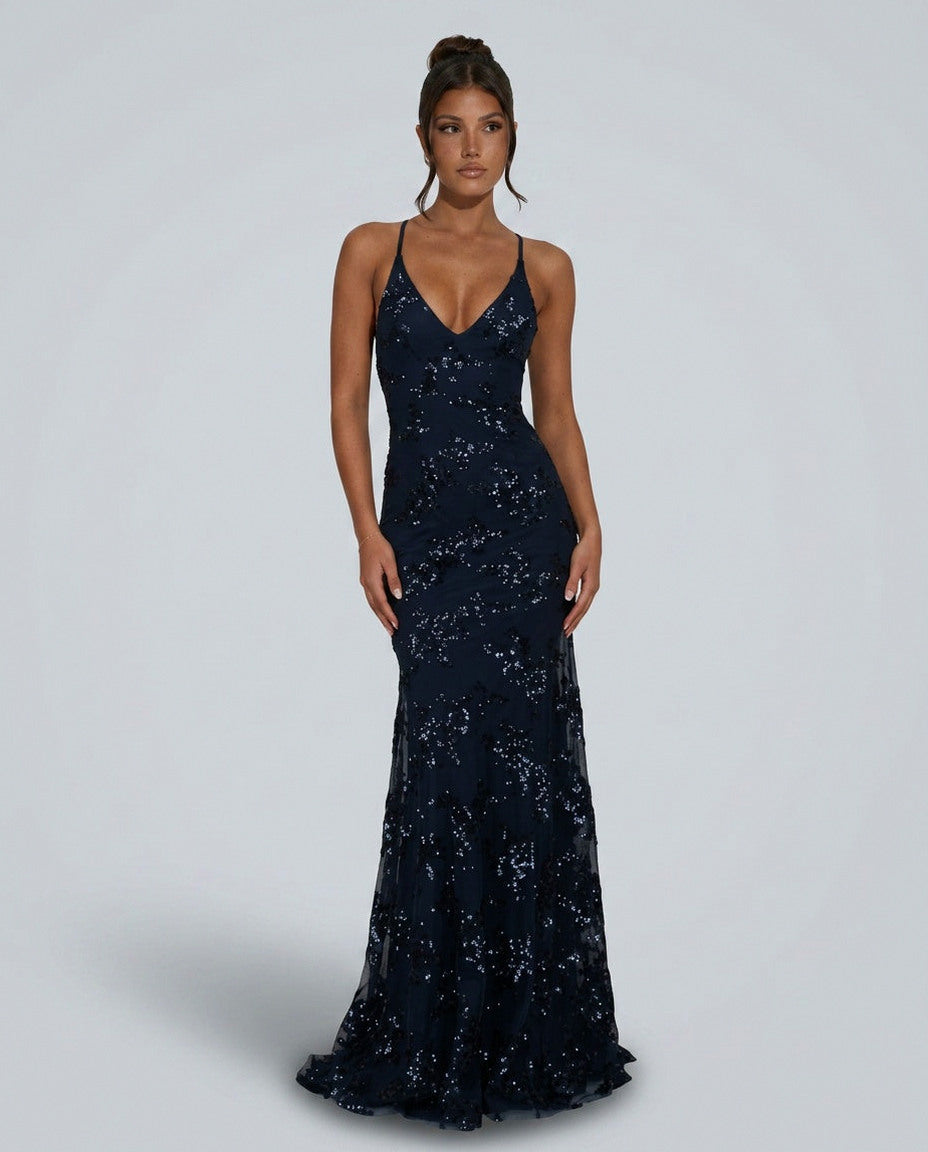 Sequin V Neck Maxi Dress in Navy