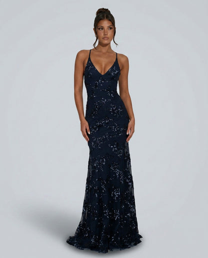 Sequin V Neck Maxi Dress in Navy