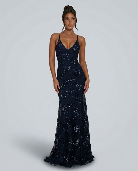 Sequin V Neck Maxi Dress in Navy