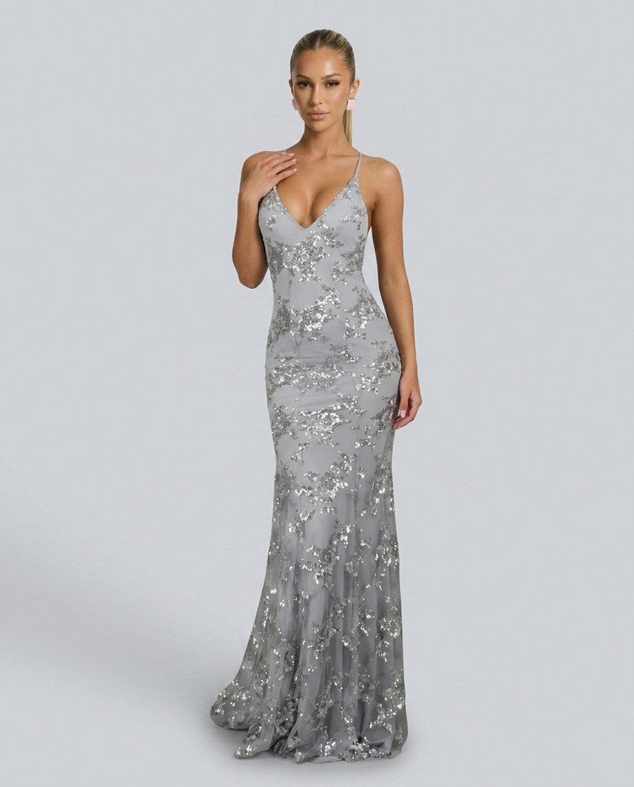 Sequin V Neck Maxi Dress in Gray