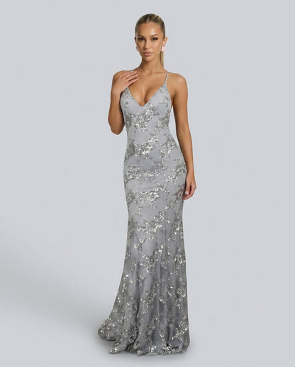 Sequin V Neck Maxi Dress in Gray
