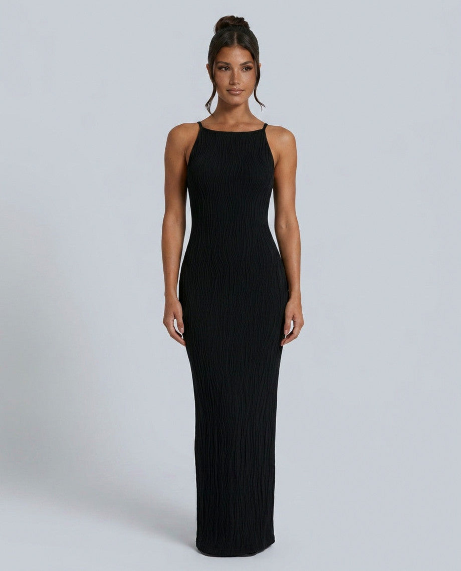 Square Neck Knit Maxi Dress in Black