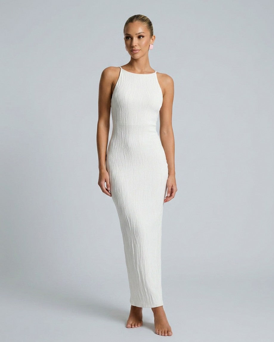 Square Neck Knit Maxi Dress in White