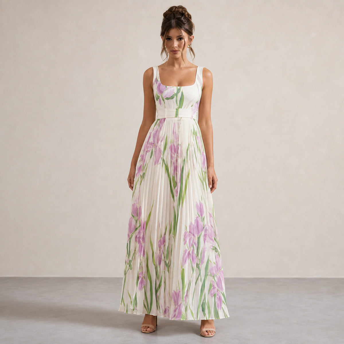 Floral Chiffon Square Neck Pleated Maxi Dress in White Purple