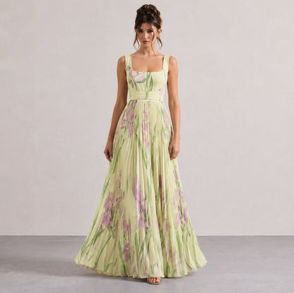 Floral Chiffon Square Neck Pleated Maxi Dress in Yellow Purple
