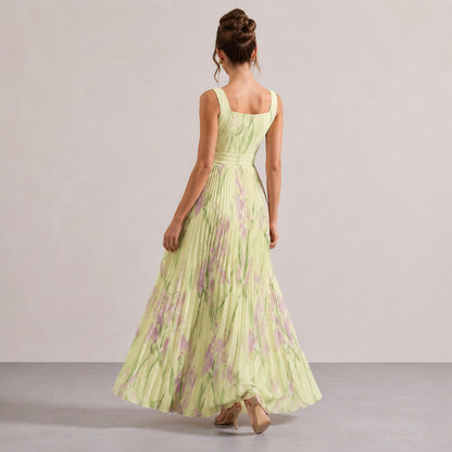 Floral Chiffon Square Neck Pleated Maxi Dress