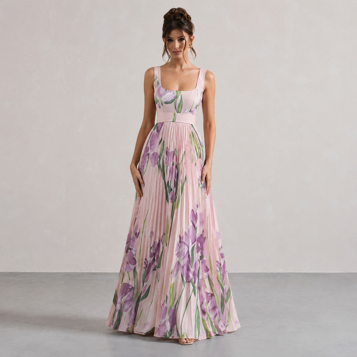 Floral Chiffon Square Neck Pleated Maxi Dress in Pink Purple