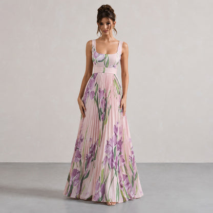 Floral Chiffon Square Neck Pleated Maxi Dress in Pink Purple