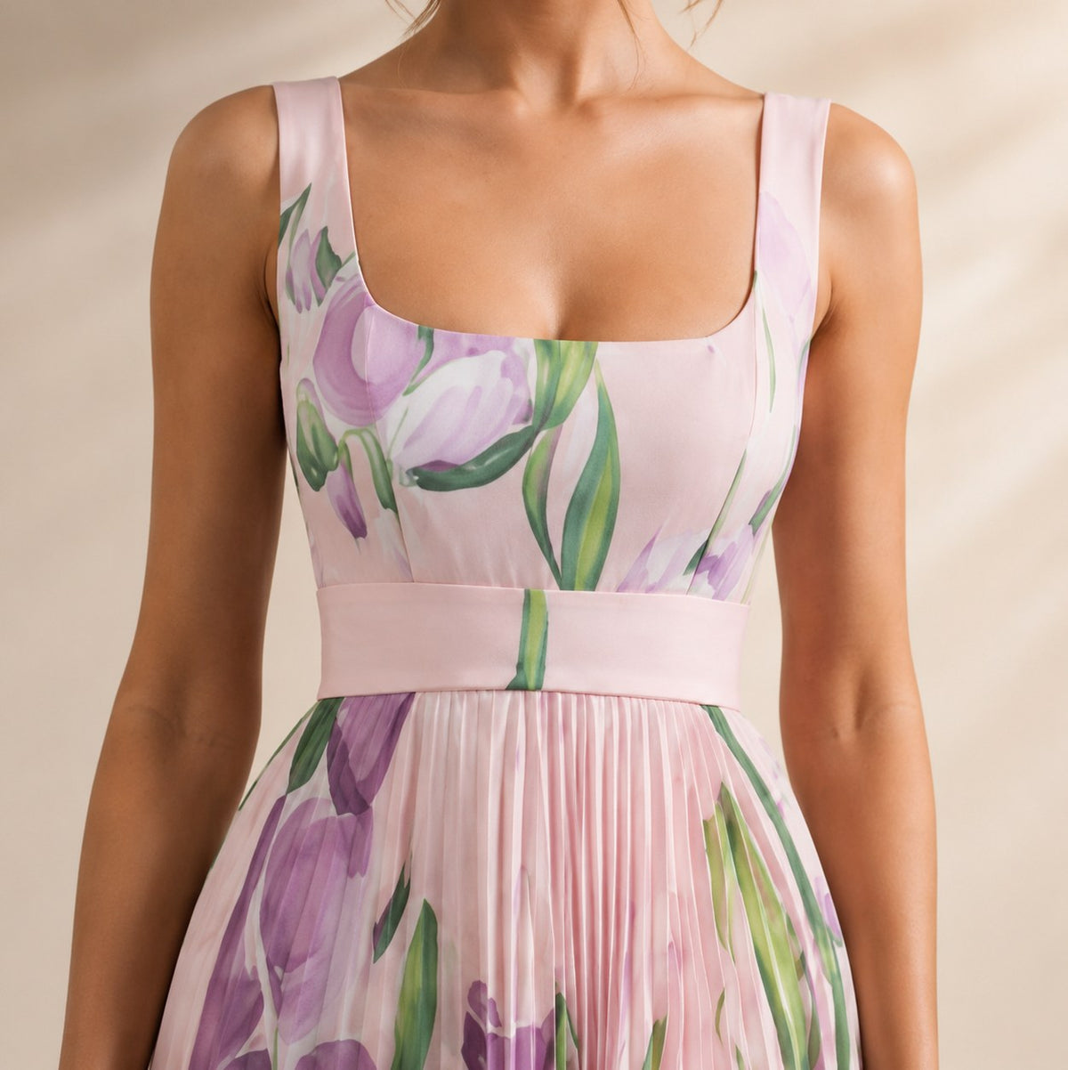 Floral Chiffon Square Neck Pleated Maxi Dress