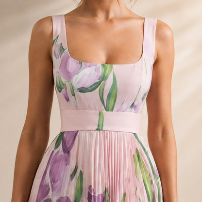 Floral Chiffon Square Neck Pleated Maxi Dress